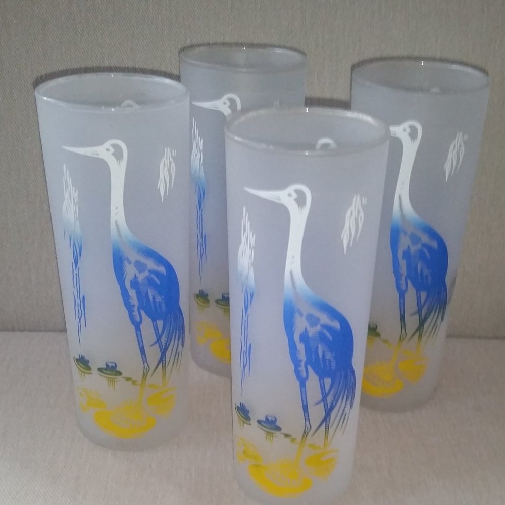 Vintage Set of 4 frosted mid century Blue Heron Tom Collins glasses
